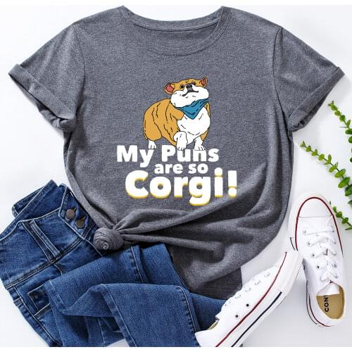 Womens Graphic Tees Cotton Short Sleeve Crew Neck Loose T Shirt Plus Size Tops Female Summer Casual Clothes Cute Corgi Shirt