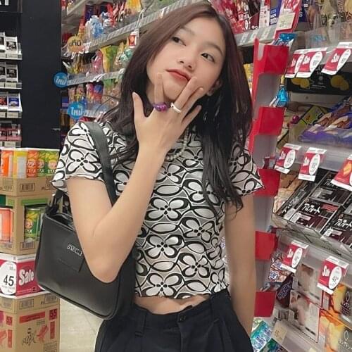 Y2k Graphic T Shirts Cute Floral Printed Mesh Short Sleeve Crop Tops E-girls Punk Style Women Indie 2000s Aesthetic Clothes