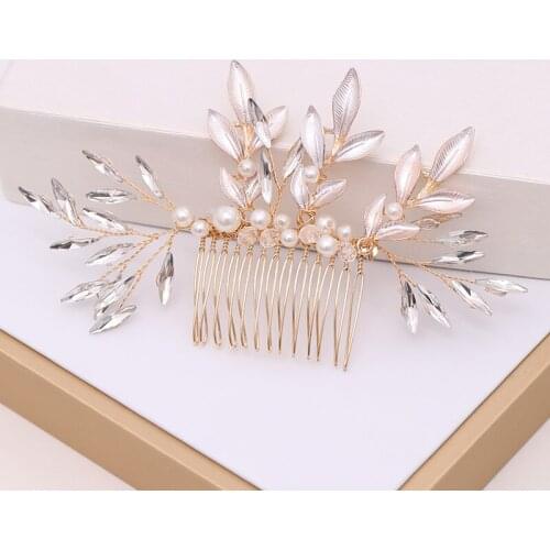 New Arrival Gold Pearl Comb Handmade Crystal Leaf Hair Combs Wedding Hair Accessories Bridal Women Hair Jewelry Head Ornaments