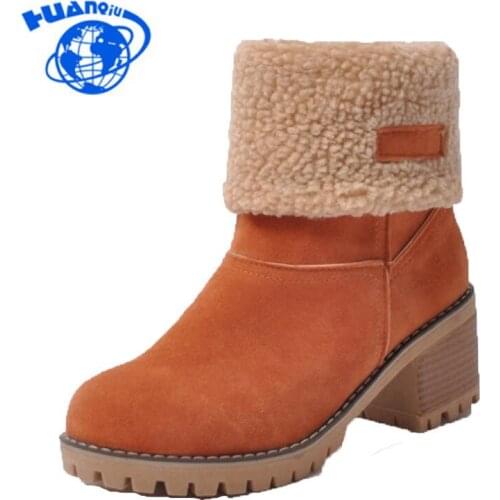 HUANQIU New Shoes Women Boots Shoes thick Heels Mid-Calf Motorcycle Boots Shoes Winter Full Fur Warm Snow Boots Russia FM44