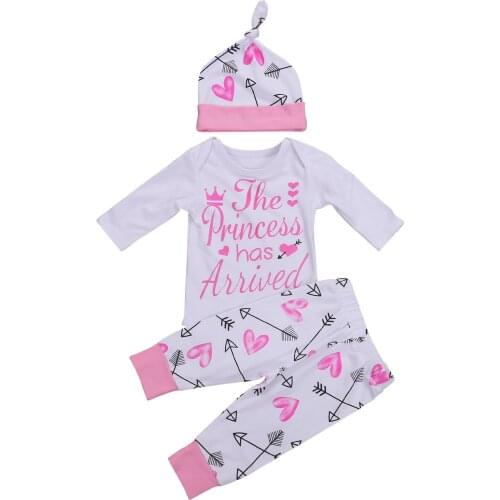 Newborn Toddler Baby Girls Clothes Sets Letter Print Long Sleeve T-shirt Top+Arrow Heart Print Pants+Hat 3pcs Outfit Set 0-24M