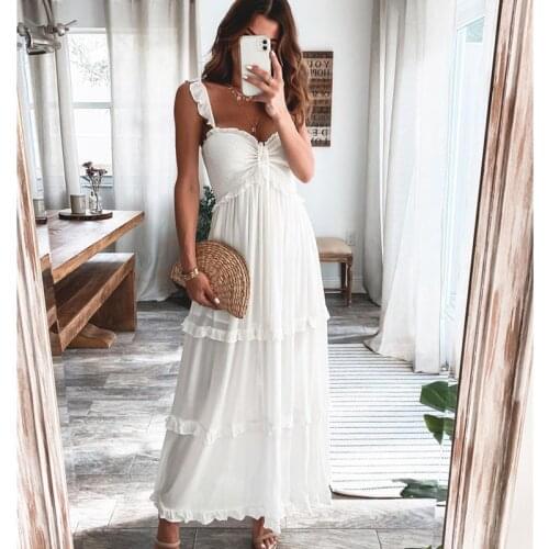 Summer Solid Tunic Women Maxi Dress V Neck Female Elegant Ruffles Party Long Dresses Beach Spaghetti Strap Casual Sundress