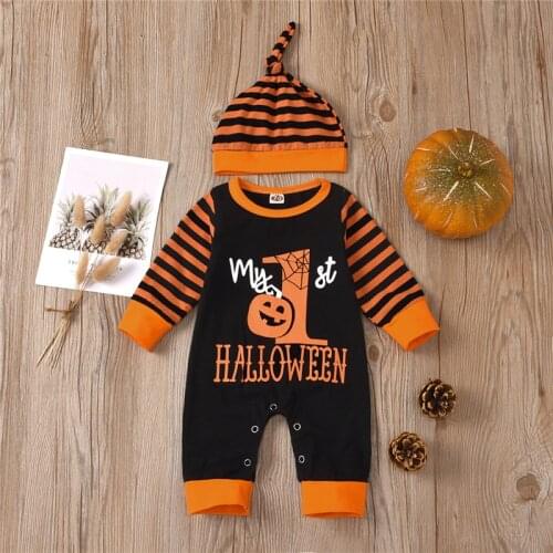 Newborn Baby Cute Jumpsuit Halloween Kids Cosplay Pumpkin Print Long Striped Sleeves Orange Lucky Suit Round Neck Cartoon Style