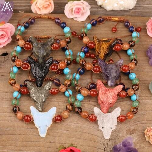 Fashion Women 7 Chakra Beads Braided Adjustable Bracelet Natural Stones Craved Wolf Head Beads Yoga Bracelet Jewelry Dropship