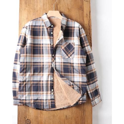Mens autumn winter lambs wool lining casual shirt male plaid loose long sleeve checked warm shirt TB1076