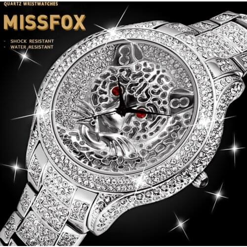 MISSFOX Silver Plated Tiger Watch Luxury Brand Water Resistant Full Diamond Perfect Men Watches 2020 Luxury Brand Clock Hours