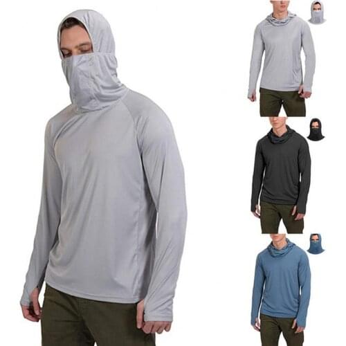 Men Hooded Fishing Shirt Solid Color Hooded Thin Lightweight Stretchy Thumb Hole Top for Outdoor Hiking Climbing Cycling