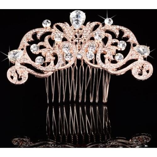 Floralbride New Arrival Hot Selling Rose Gold Rhinestones Crystal Flower Leaf Wedding Hair Comb Bridal Hair Accessories