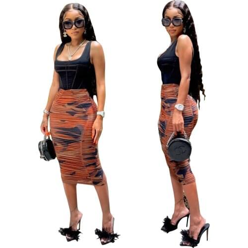 Casual Style Womens Clothing Fashion Casual Sexy Pleated High Stretch Mesh Tie Dye Printed Mid Waist Tight Fitting Short Skirt