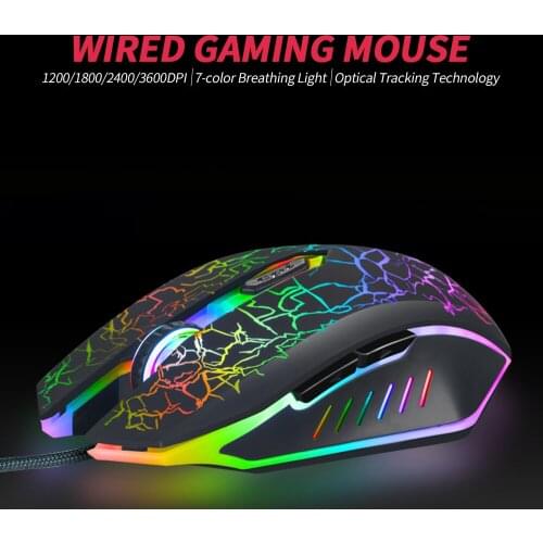 Wired Gaming Mouse 3600DPI Ergonomic Mouse Optical Mouse 4 Adjustable DPI levels/ 6 Buttons/ 7-color Breathing Light, Black