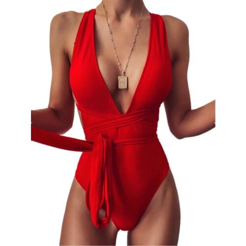 Sexy Deep V One Piece Swimsuit Bandage Solid Red Monokini Push Up Swimwear Women Brazilian Bikini 2020 Backless Bathing Suits