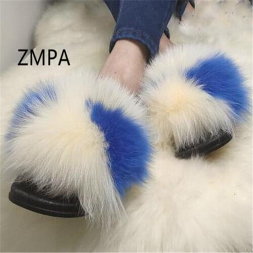 Womens Summer Fur Fluffy Home Slippers Plush Fox Hair Furry Sandals Childrens/Kids Real Fox Fur Slides Ladies Fur Flip Flops