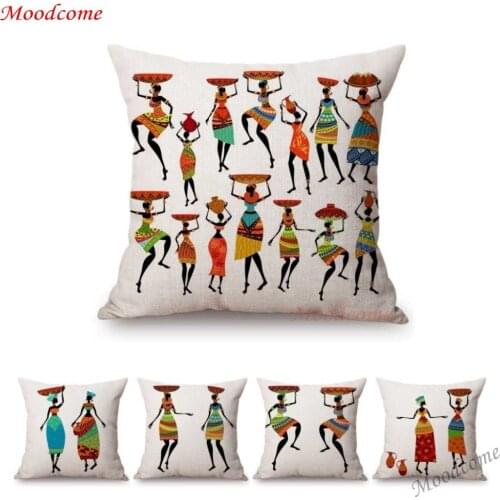 Nordic Cartoon African Life Black Girl Africa Women Dancing Carrying Plate on Head Art Decorative Sofa Pillow Case Cushion Cover
