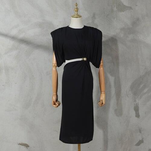 Sexy Waist Bag Hip Slim Dress Luxury Gold Button Padded Shoulder Design Black Party Midi Dresses 2021 Summer New Vestido