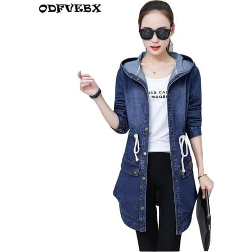 2020 spring and autumn new denim jacket coat womens medium long plus size loose hooded drawstring waist windbreaker Female