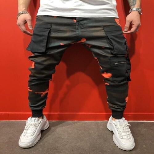 Four Seasons Mens Casual Sports Hip-hop camouflage print pants with multi-pocket running jogging pants with tied feet