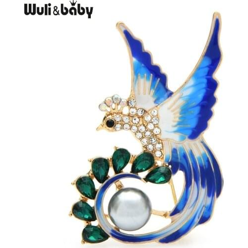 Wuli&baby Pearl Enamel Bird Brooches 4-color Rhinestone Long Tail Bird Animal Party Office Brooch Pins Gifts