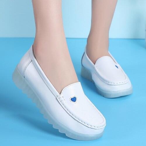 Leather Womens Shoes Comfortable Soft-soled Work Shoes White Slope Heel Increased Leather Deodorant Hospital Nurse Shoes