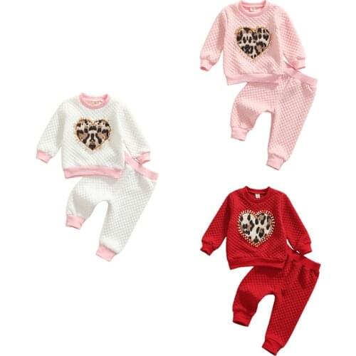 0-6Y Autumn Winter Lovely Kids Girls Clothes Sets 2pcs Leopard Heart Printed With Pearl Long Sleeve Sweatshirt Pants
