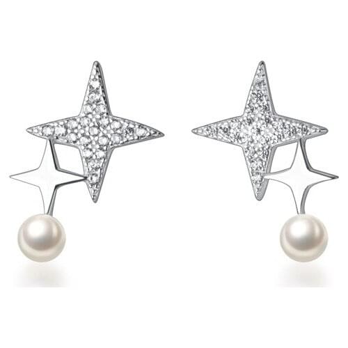 100% Real. 925 Sterling Silver Fine Jewelry Double Shuriken Star &Shell pearl ear Stud Earrings C-G6202