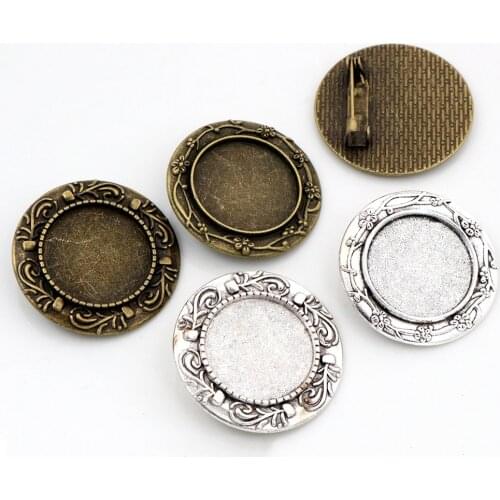 5pcs 20mm Inner Size 2 Style Antique Silver Plated and Antique Bronze Brooch Pin Cabochon Base Setting