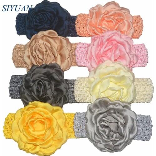 60pcs/lot DIY Boutique Crochet Elastic Headband with 9.5cm Satin Burned Flower woman Lovely Baptism Headwear HB016