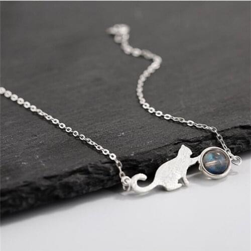 925 Sterling Silver Moonstone Cat Charm Bracelet For Women Bracelet &Bangle Wedding Party Jewelry SL061