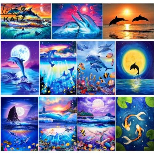 Dolphin Diamond Painting Sea Sunset Embroidery Crossing Diy Night Scene Mosaic Art Gift Cross Stitch Home Decoration