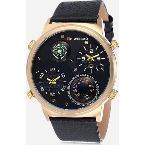 Big Golden Case Mens Watches Dual Times Military Wrist Watch For Men Luxury Leather Strap Sports Relogio Masculino Clock Man New