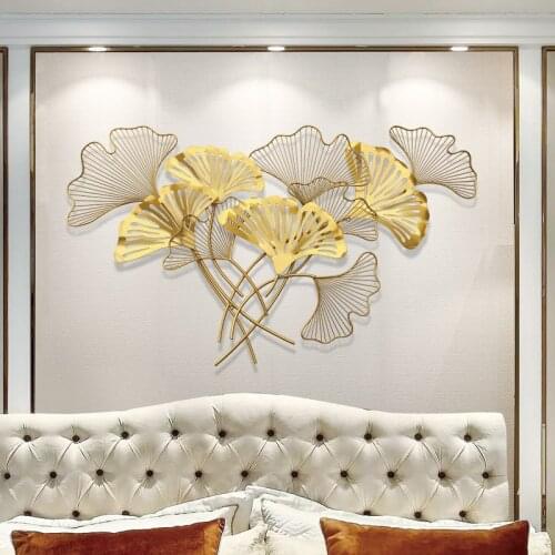 European Wrought Iron Ginkgo Leaf Wall Mural Ornaments Livingroom Dining Room Wall Decoration Pendant Hotel Wall Sticker Crafts