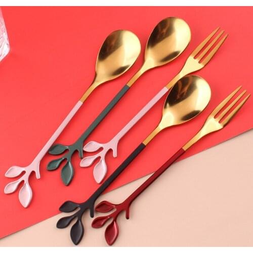 1Piece Coffee Spoon Creative Leaf Shape Forks Stainless Steel Tableware Dessert Sugar Cake Spoons and Forks Kitchen Tableware