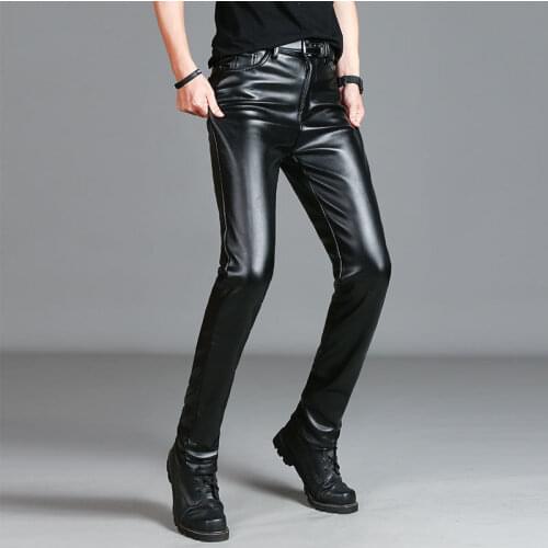 Leather Motorcycle Pants Slim Fit Mens Leather Pants Elastic Trendy Thin Stretch Fleece Tight Man Spring Autumn Skinny Pants
