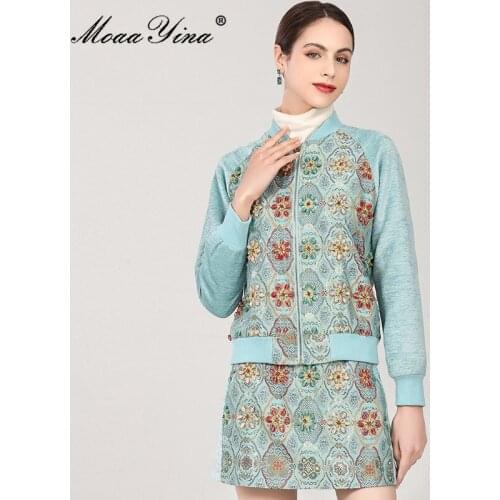 MoaaYina Fashion Runway Designer Autumn Blue Skirt Suit Womens Beading Floral print Jacket Coat and Skirts Two Piece Set