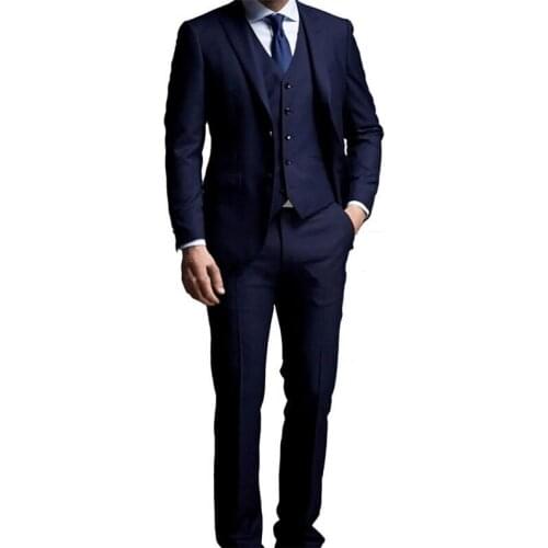 Fashionable Two Buttons Navy Blue Groom Tuxedos Groomsmen Peak Lapel Mens Suits Blazers (Jacket+Pants+Vest+Tie) W:996