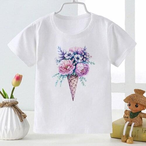 Ice Cream Flower Aesthetic Boys and Girls Clothes Summer Casual Round Neck T-shirt Kids Korean Style Ulzzang Shirt Dropship