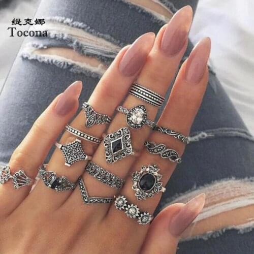 Tocona 15 Pcs/sets Lotus Flower Black Rhinestone Vintage Antique Silver Color Rings Sets for Women Men Wedding Ring Jewelry 3030
