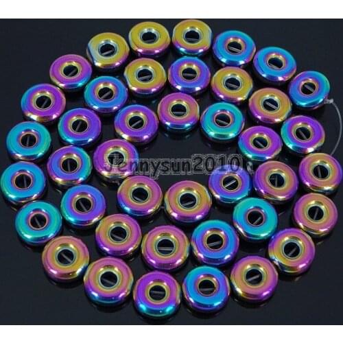 Natural Hematite Gems Stones 10mm Round Donut Ring Beads Non Magnetic Metallic Multi-Colored Jewelry Making 5 Strands/Pack