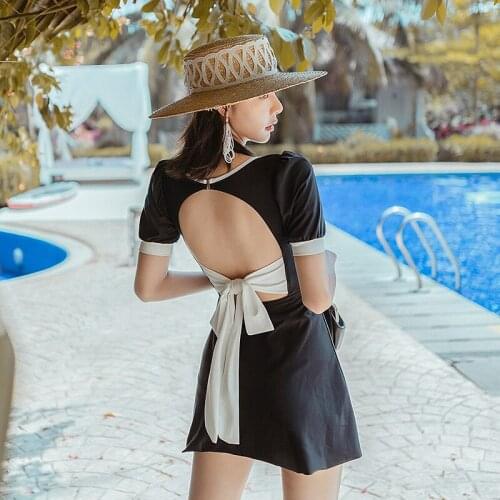 2021 New Swimsuit Ins Design Halter Bow Solid Color Two-piece One-piece Swimsuit Small Skirt Swimsuit