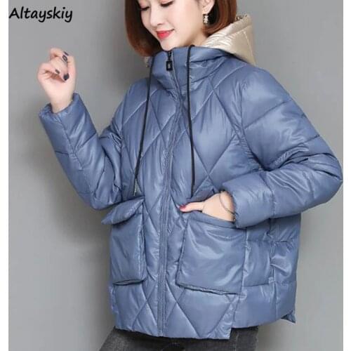 Short Parkas Women Patchwork Hooded Simple Solid Pockets Simple Womens Casual Korean Style Females Daily All-match Winter Chic