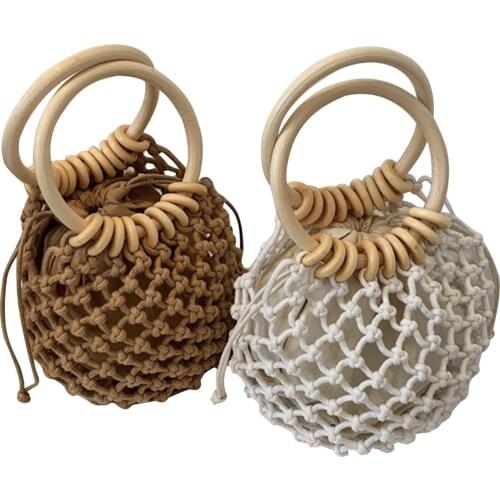 Girl Woven Beach Handbag with Wood Handle Drawstring Solid Mini Bucket Bag Tote Purse Stprage Bag for Daily Life Vacation