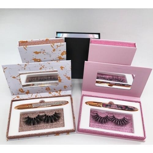 Custom Logo Pink Gold Marble Design 25mm Strip Mink Lashes Book Tweezers And Adhesive Glue pen Empty Lash Box