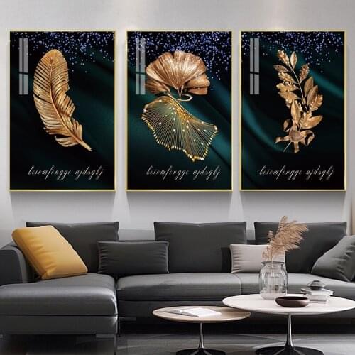 Golden Plant Leaves Green Abstract Canvas Art Painting Print Ginkgo Biloba Wall Poster Picture for Living Room Modern Home Decor