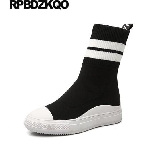 Casual Slip On Black Ankle Stretch Knit Low Heel Women Boots 2016 Round Toe Flat Platform Shoes Slim 2017 Chinese Mid Calf New