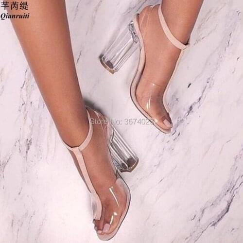 Qianruiti Summer PVC Jelly Sandals Crystal Block Heeled Women Transparent Perspex Heels Peep Toe Ankle Strap Sandales Mujer 2018
