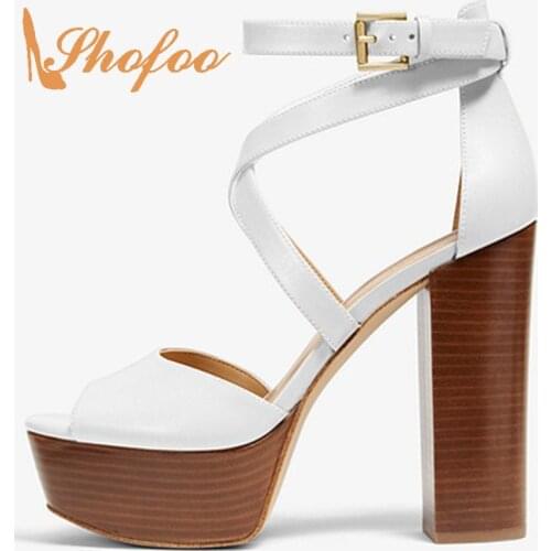 White Black Navy Blue Cross Ankle Strap Platform Sandals Woman Cork High Chunky Heels Large Size 11 16 Dress Shoe Mature Fashion