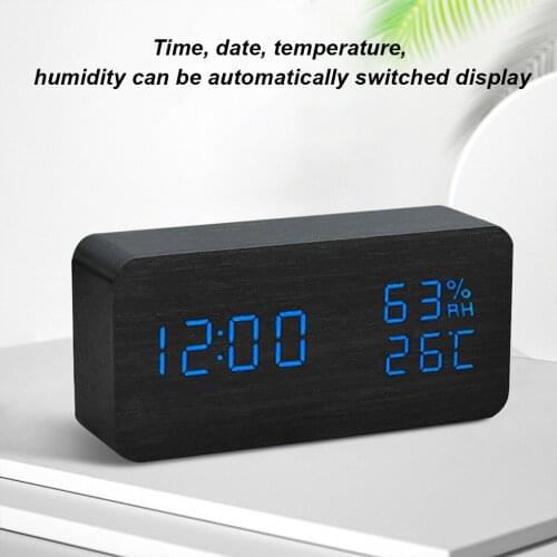 Digital Display LED Alarm Clock Wood Desktop Humidometer Thermometer Voice Control Luminous Digital Tabletop Alarm Clock Timer