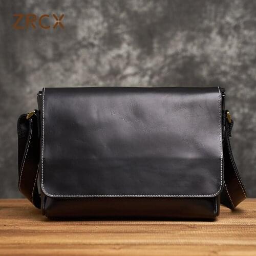 ZRCX Vintage Men Genuine Leather Shoulder Bag Crossbody Casual College Style Bag Messenger Bag 12.9 Inch Laptop Bags