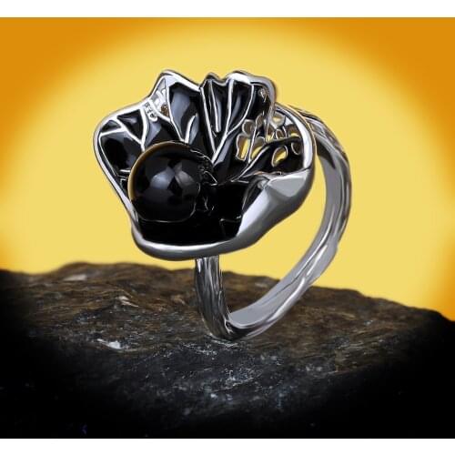 Vintage Ladies 925 Silver Black Pearl Bridal Ring Handmade Enamel Leaf Shaped Wedding Band Rings for Women Italy Fine Jewelry