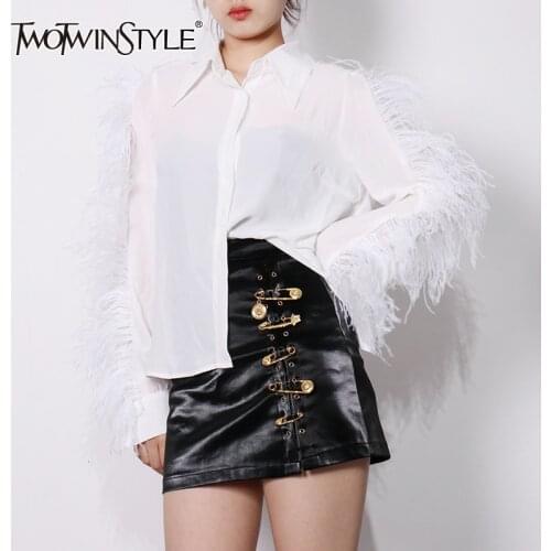 TWOTWINSTYLE Casual White Chic Shirt For Women Lapel Long Sleeve Patchwork Feather Shirts Female Fashion New Clothing Spring