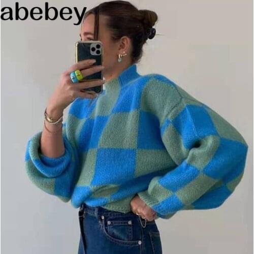 Women 2021 Fashion Plaid Pattern Oversized Turtleneck Sweater Lantern Long Sleeve Female Pullovers Chic Tops BC92A